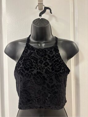 Brandy Melville Burnout Velvet Floral Halter Black Crop Top OS